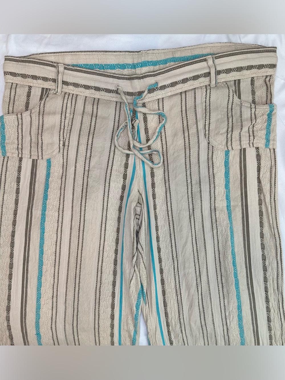 Boho Striped Lace Up Wide Leg Crop Pants Beach Resort Size L